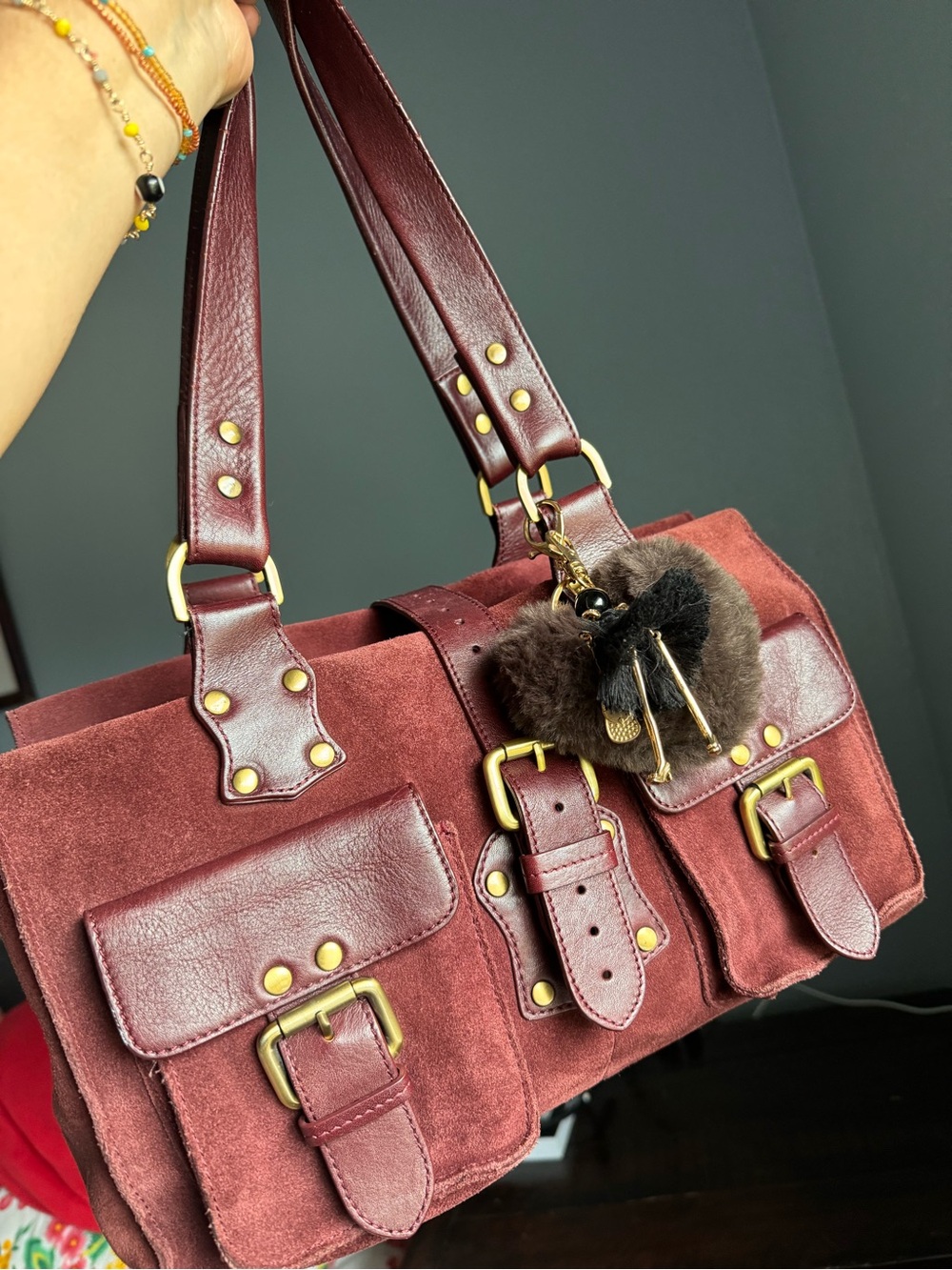 Burgundy Suede & Leather Satchel Tote with Gold Hardware - Picture 2 of 16